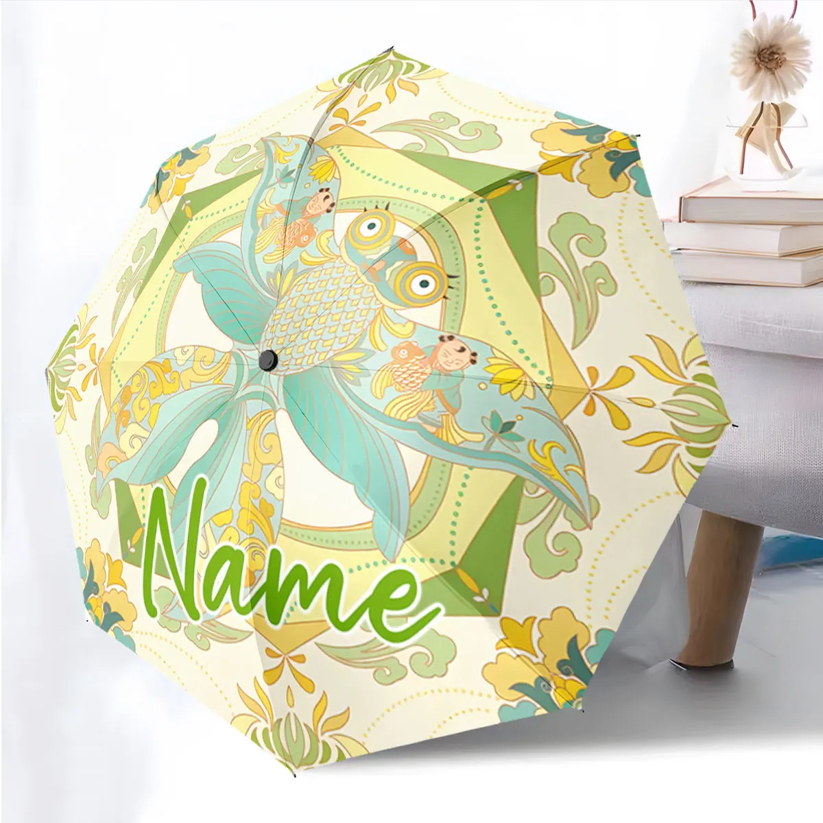 Custom Name Floral Fantasy Umbrella with Unique Artistic Design Print 8 Iron Ribs Folding Umbrella, Auto-Open Fashion Sunshade