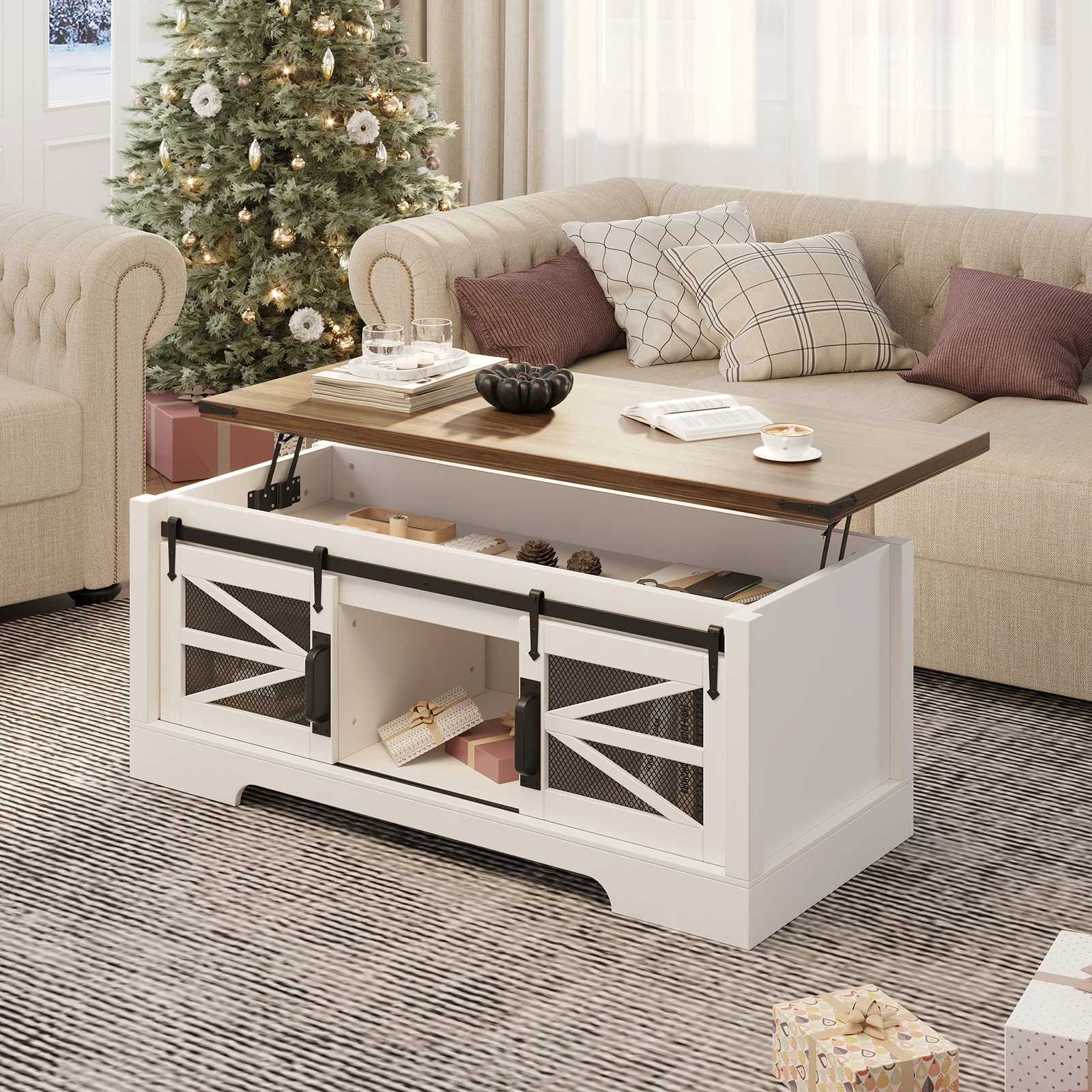Lift Top Coffee Table, Farmhouse Living Room Table with Sliding Groove Barn Doors, Rustic Wood Center Table with Large Storage, Rectangle Coffee Table for Living Room
