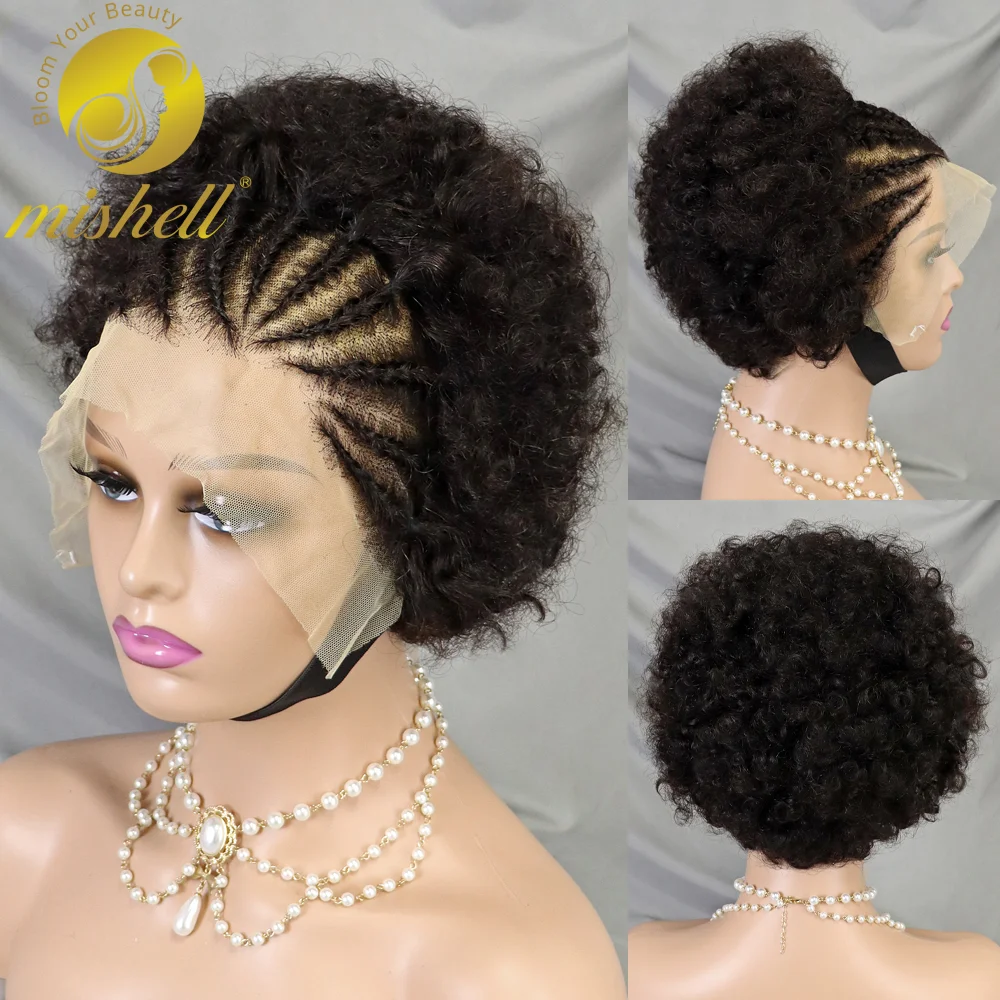 

Afro Kinky Curly 200% Density Natural Color Human Hair Wigs With Braids 13x4 Transparent Lace Bouncy Curly Bob Wigs Preplucked