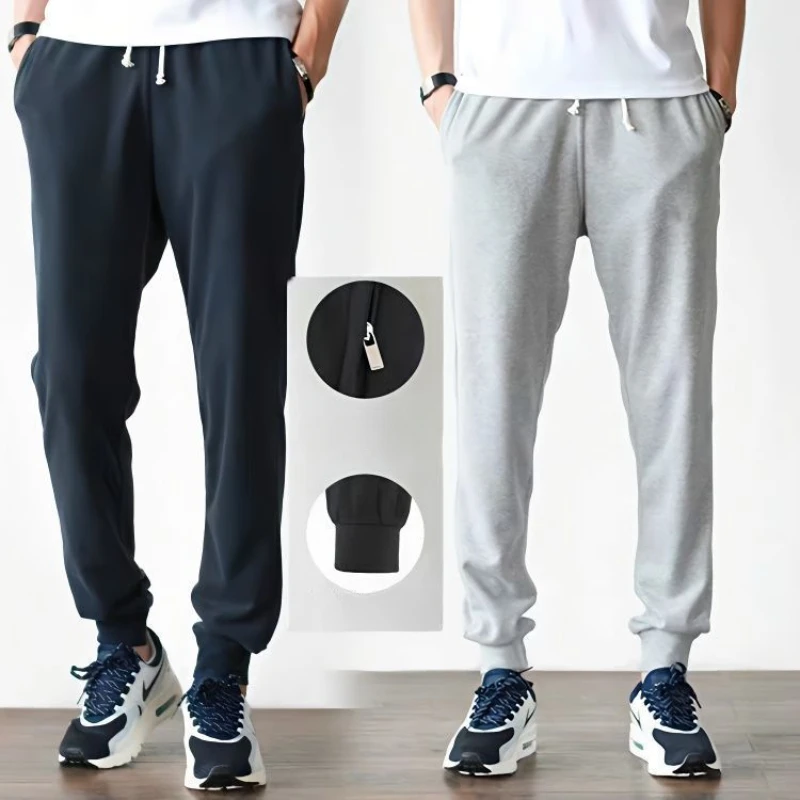 

Spring Autumn New Men Pants Solid Elastic Waist Drawstring Zipper Pockets Motion Fashion Casual Loose Bound Feet Sweatpants