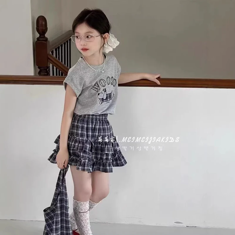 Toddler Girl 2Pcs Summer Outfits Cute Cartoon Print Short Sleeve T-Shirt Plaid Ruffle Skirt Set Kids Girls Casual Daily Clothes