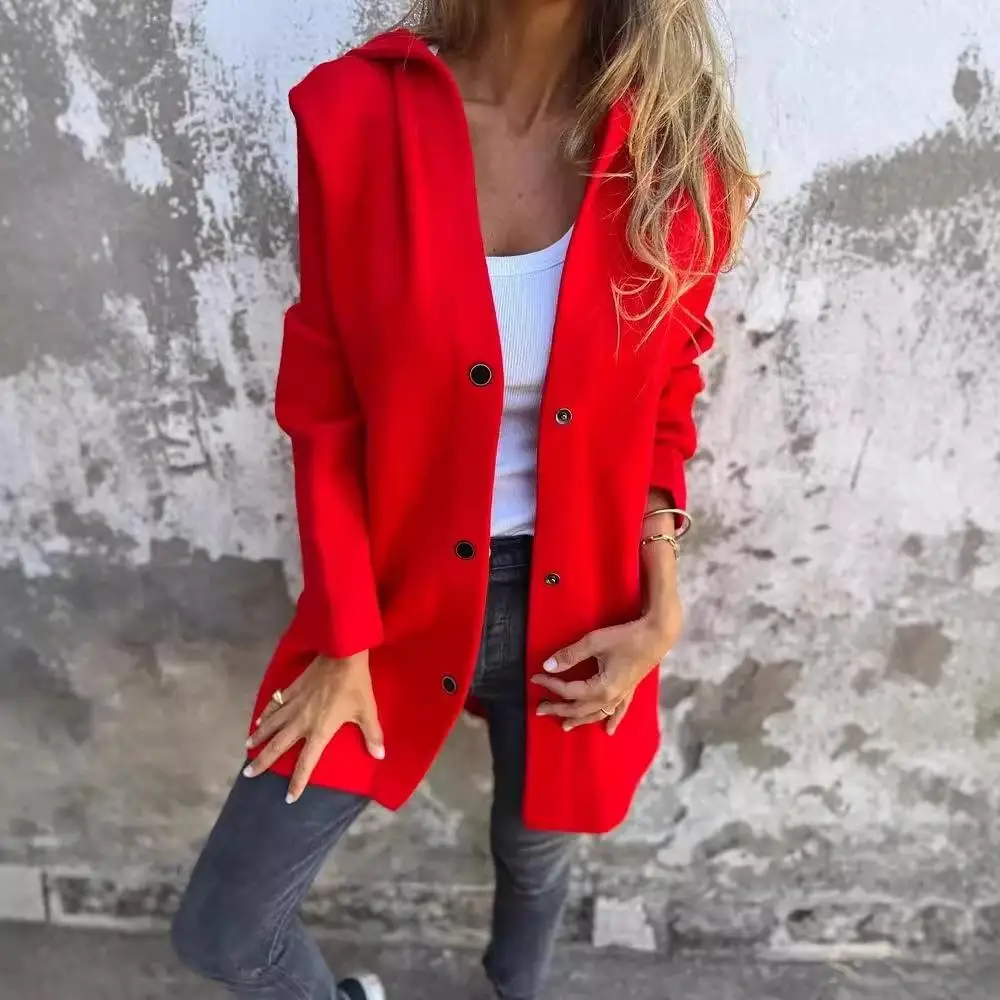 Casual Hooded Single-Button Jacket Pure Color Autumn Winter Independent Station Coat for Women Medium Thick Long Sleeve