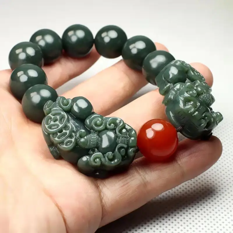 Pulsera Pixiu doble de jade verde Pulsera de cuentas de Buda Pulseras para hombres y mujeres