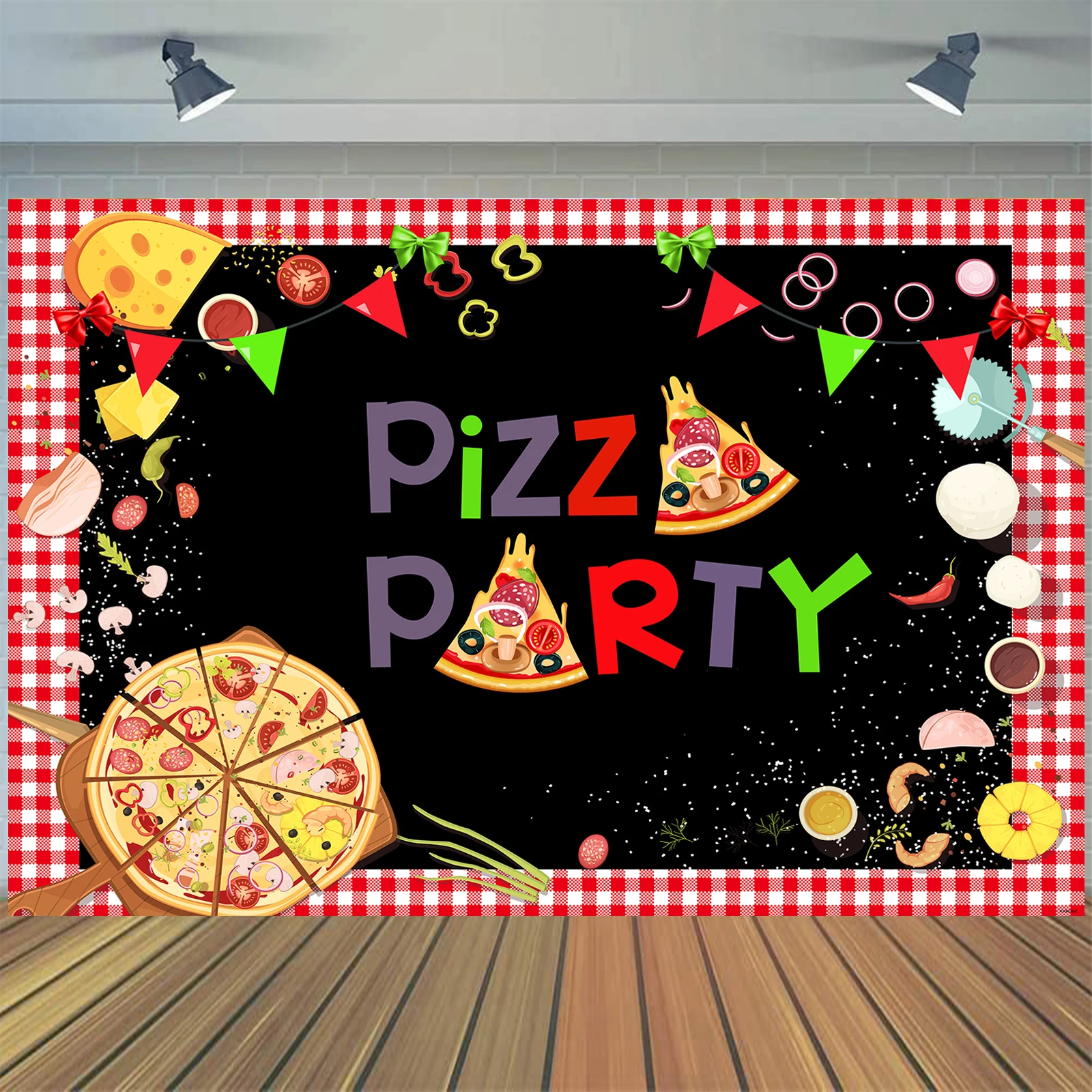 5x3ft Pizza Party Photo Backdrop Props Pizza Color Food Kids Birthday Decor Backdrop Photography Banner for Table Party Decor