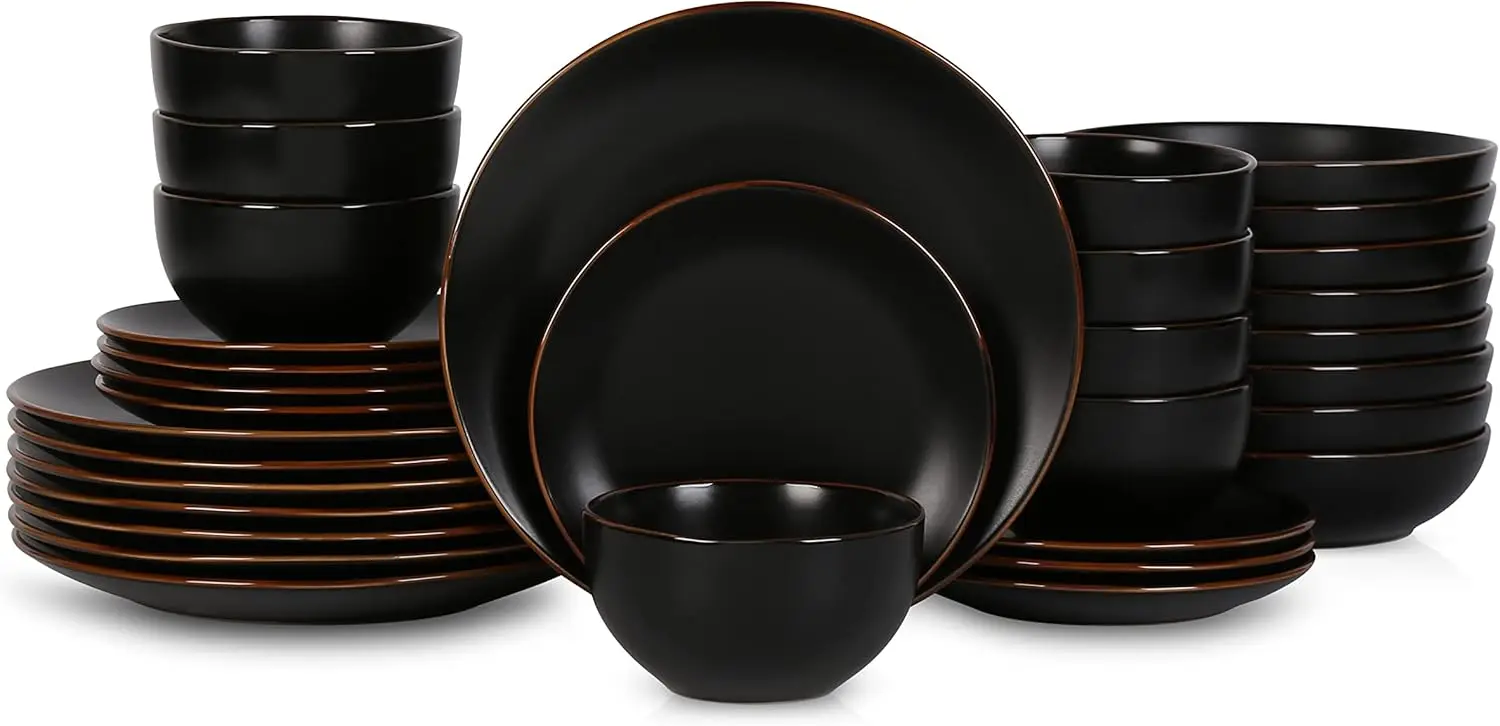 Modern Stoneware 32 Piece Dinnerware Sets, Plates and bowls Sets, Dish Set for 8, Black