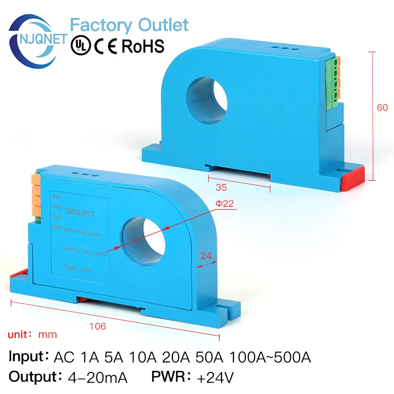 4 20mA AC Current Transmitter QNDB7 AC 10A 20A 50A 100A 200A 400A 500A CT Transformer Current Transducer Current Sensor 420mA