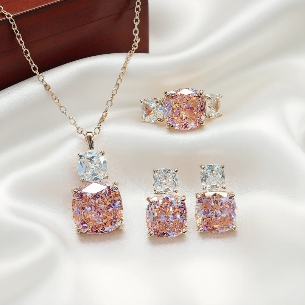 

4pcs Elegant Vintage Jewelry Set for Women Ice Flower Cutting Necklace Shiny Crystal Choker Bridal Wedding Earrings Party