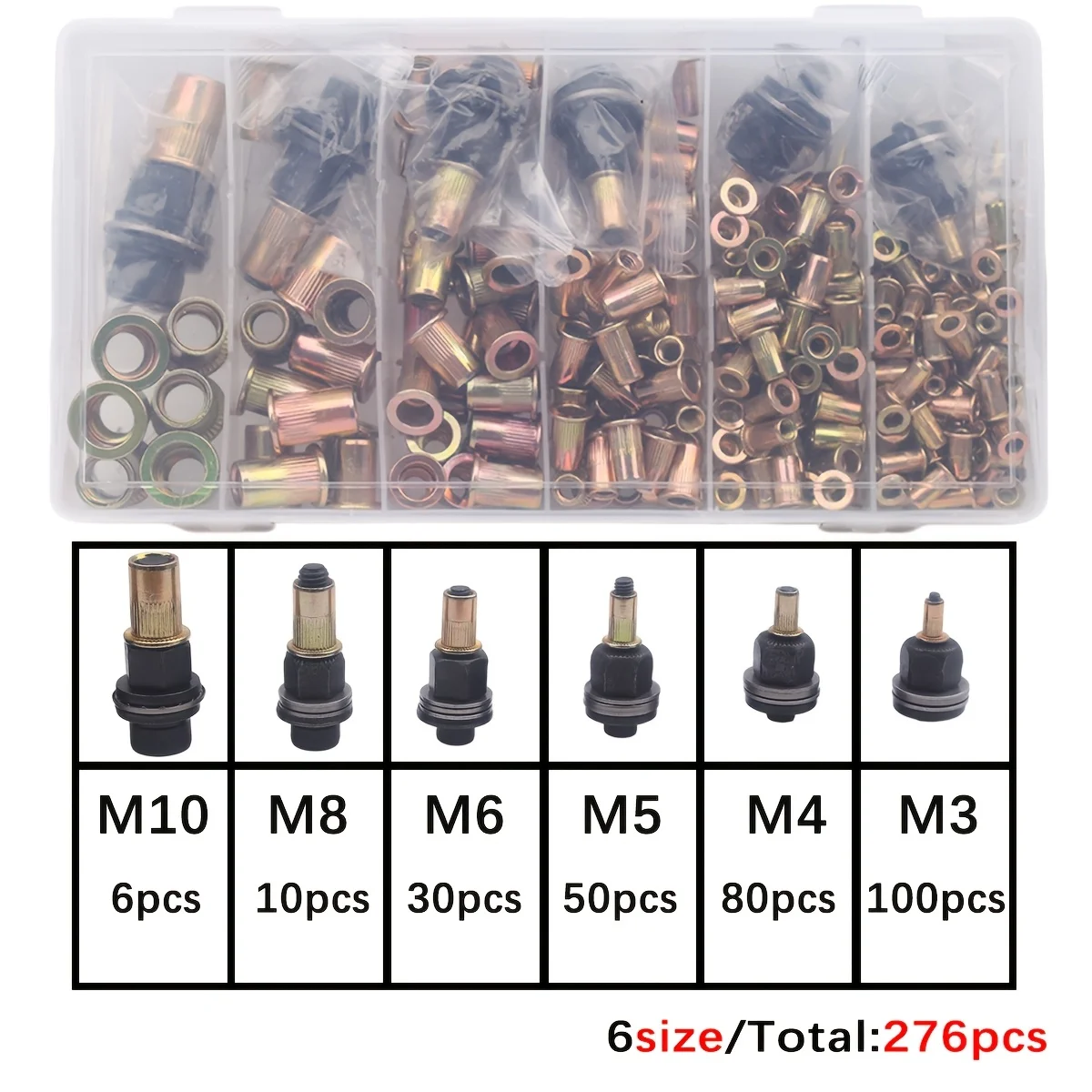 Heavy Duty Rivet Nut Tool Kit, M3-M10 6 Sizes, Manual Riveter with Ram Heads & Rivet Nuts, for Automotive, Metalworking & DIY