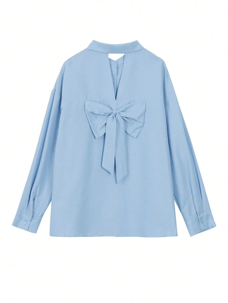 Fall 2026 New Arrivals: Women's Casual Solid-Color Openwork Bow-Button Long-Sleeve Shirt—Everyday Relaxed Style image 4
