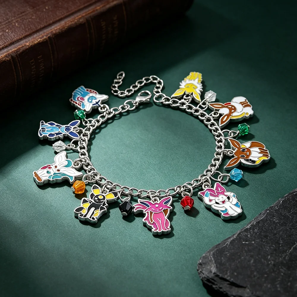 Eevee Family Fantasy Monster Charm Bracelet, Silver Link Chain Bracelet Colorful Enamel Cartoon Pendan Jewelry Gift for Girls