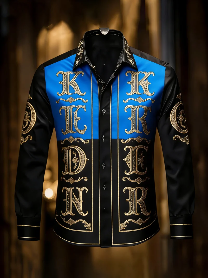 

Новая мужская рубашка с длинным рукавом в стиле ретро с сине-черным принтом, приталенного кроя, в дворцовом стиле, для делового образа.