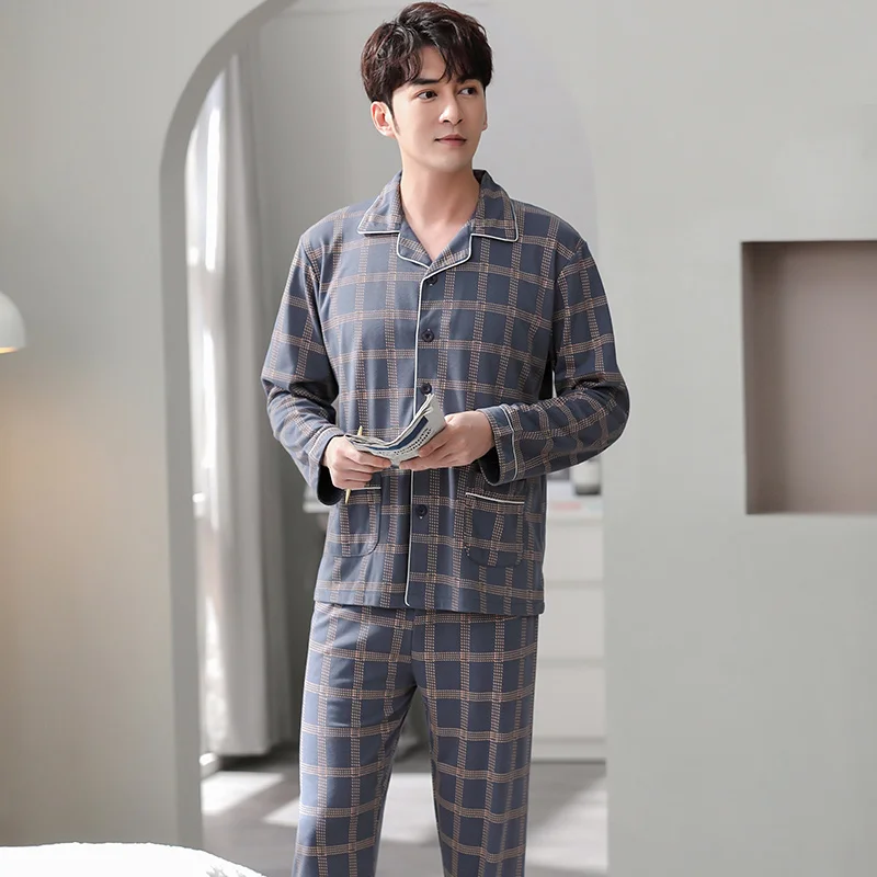 Men's 100% Cotton Lapel Cardigan Pajamas Plaid Sleepwear Spring Autumn Casual Comfortable Pajamas for Men Big Yards Pajama Sets