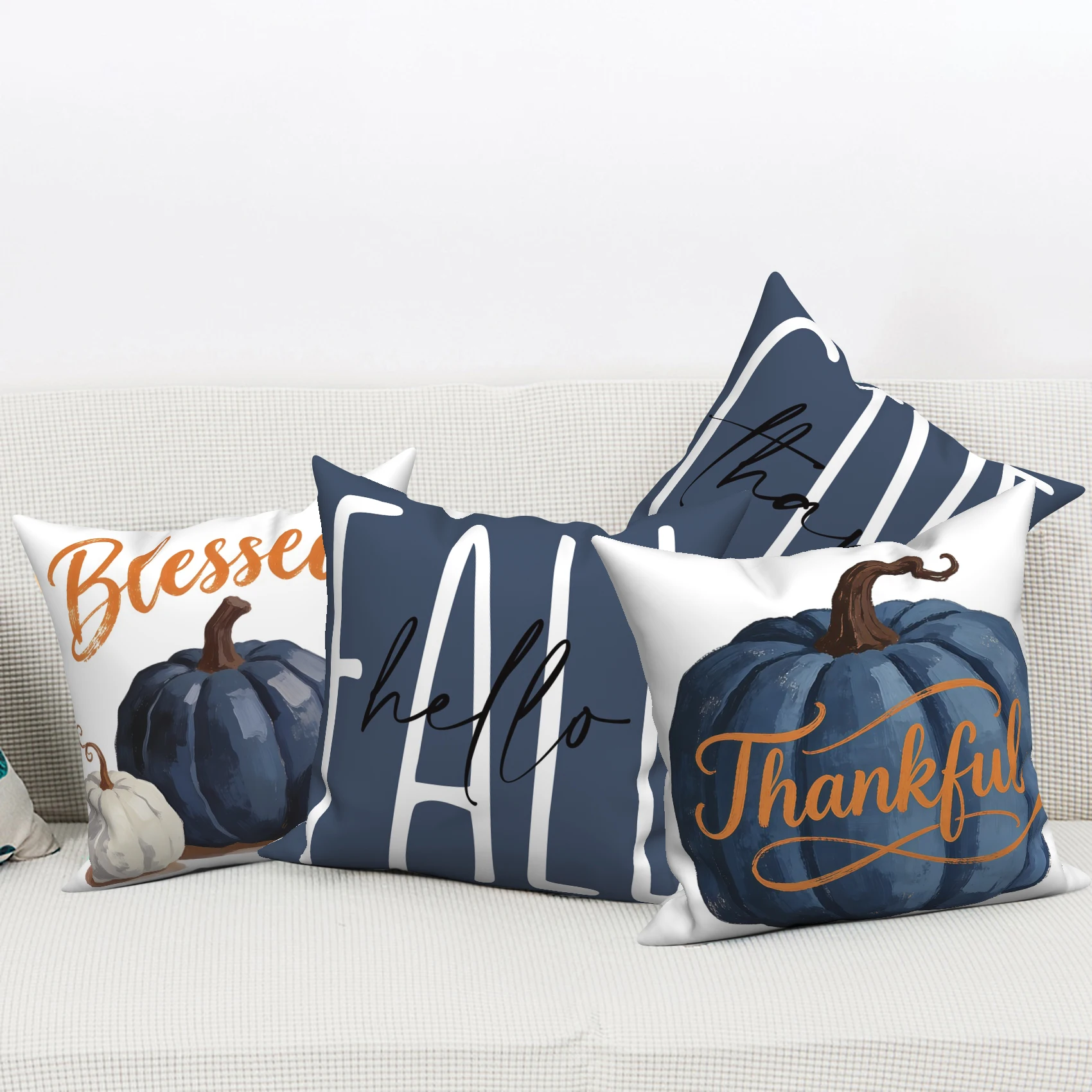 4Pcs/Set Fall Pumpkin Pillow Covers, Blessed Thankful Give Thanks Pillowcases, Polyester/Linen, Thanksgiving Farmhouse Decor
