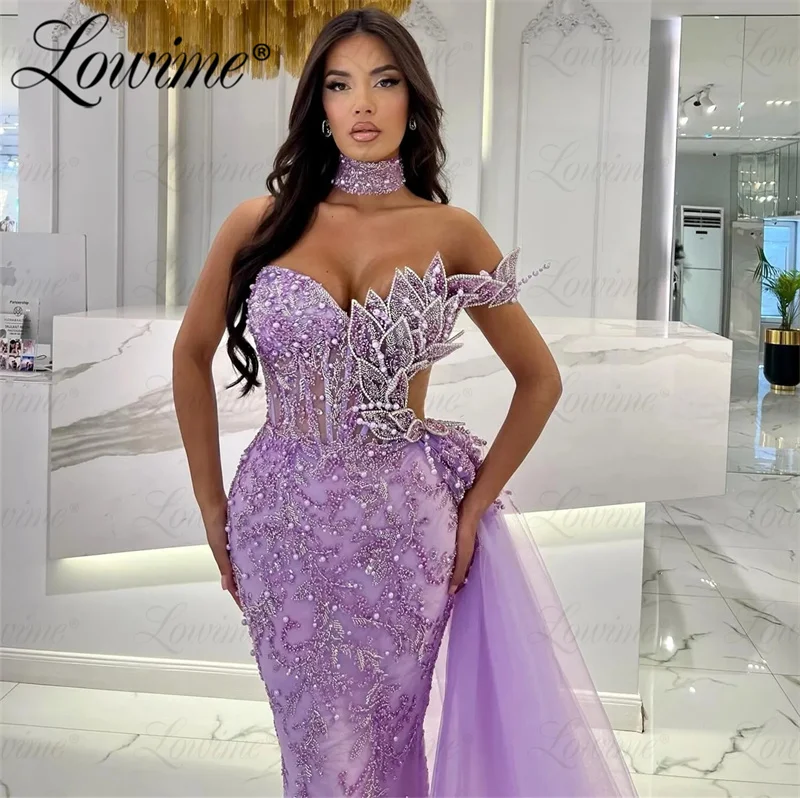 2024 Customized Purple Party Dress For Wedding Aso Ebi Crystals Mermaid Prom Dress Sequined Lace Evening Second Reception Dress