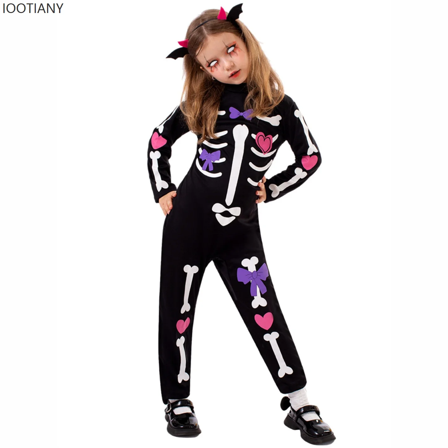 

IOOTIANY Carnival Children's Girl Horror Skull Skeleton Pink Love Printed Jumpsuit Zentai Suit Carnival Party Stage Performance