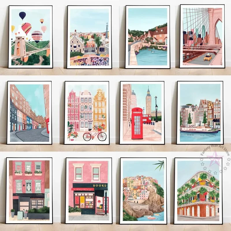Minimalist City View Travel Poster  New York Barcelona Amsterdam Bristol Cuba Eiffel Tower Canvas Painting  Home Decor Wall Art