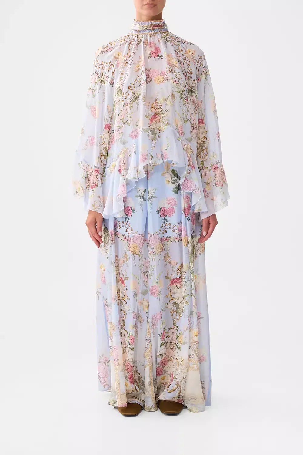 Women Crystal Beaded Flower Print Set Stand Collar Flare Sleeve Shirt tops + High Waist Straight Wide Leg Pants