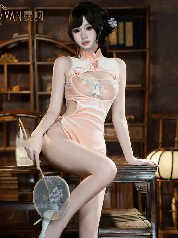 Sexy Female Sheer High Waist Slit Tank Mini Dress Embroidered Petals Ancient Style Cheongsam Uniform Dress Elegant Tops 61OL