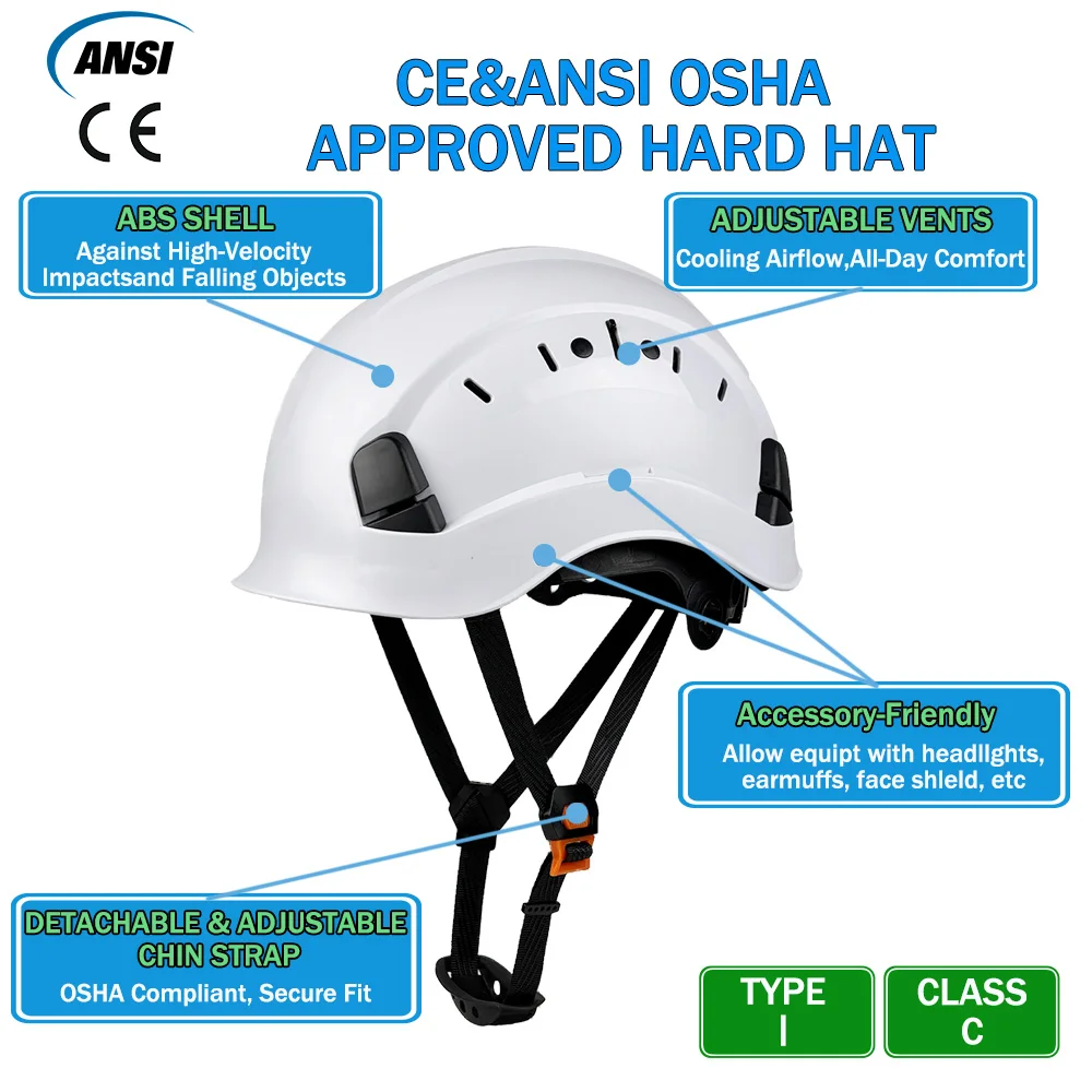 CE Construction Safety Helmet ABS Hard Hat Adjustable Ventilation System Hardhat Outdoor Work Head Protection for Certified ANSI
