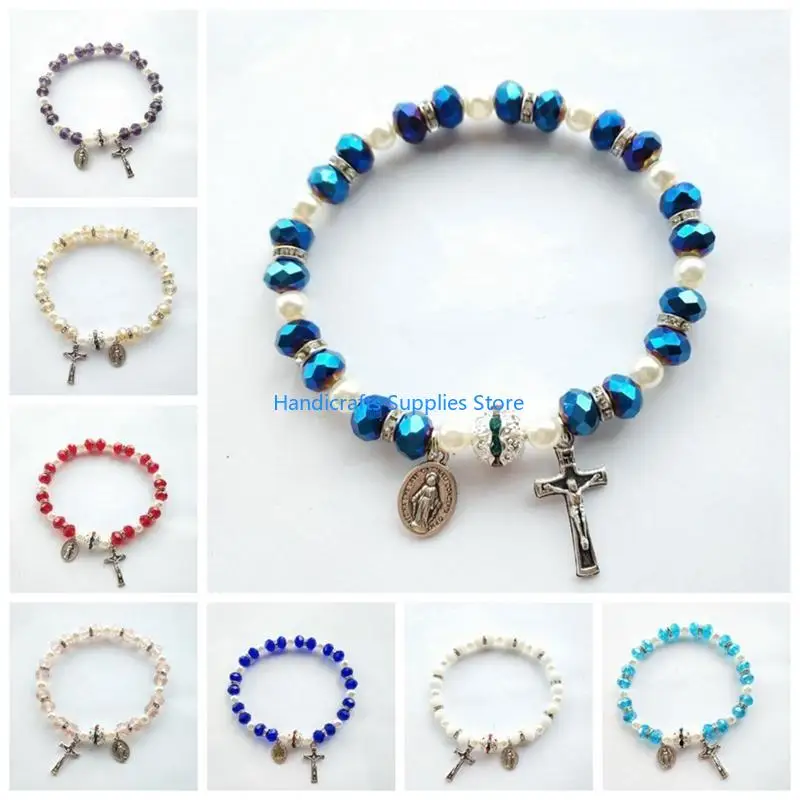 R1WA Crucifix Rosary BeadS Bracelet Vintage Jesus Christ Crucifix Crucifix Wristban