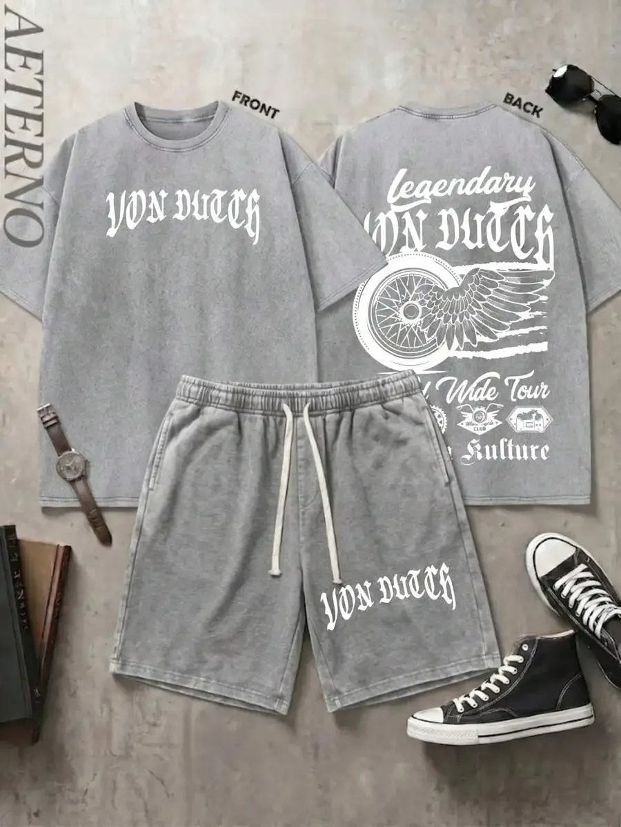 

Two-Piece Washed Cotton Set: Graphic Tee And Drawstring Shorts For Men, Casual Summer Outfit With Vintage Print