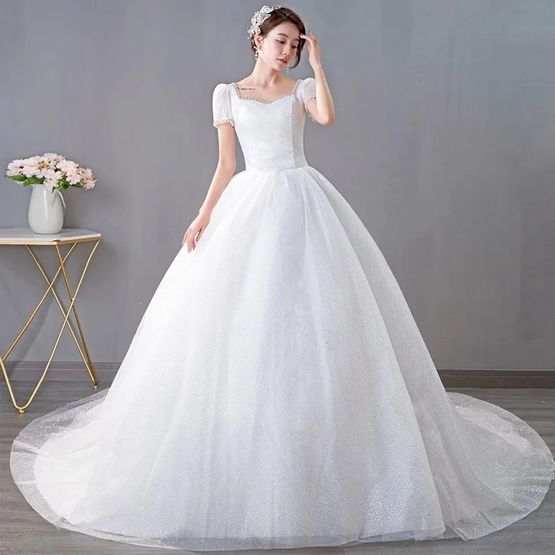 It's yiya abito da sposa bianco Bling Tulle maniche corte colletto quadrato perline principessa lunghezza del pavimento Plus size abito da sposa Trailing