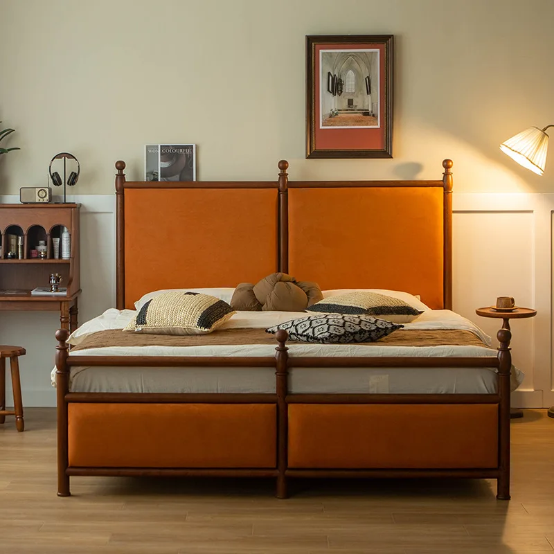 

Cherry wood soft backrest retro color solid wood wedding bed 1.8 meters double bedroom queen bed