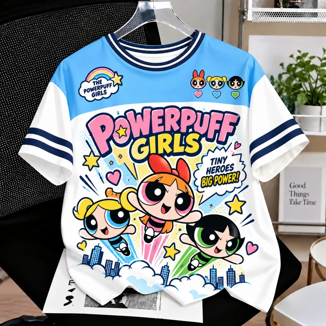Powerpuff Girls Cartoon T-Shirt Unisex 3D-Druck Farbblock-Streifen-Manschette Kurzarm-T-Shirt Süße Anime-Freizeit-Oberteile Kinder-T-Shirt ﻿ – Detail 4
