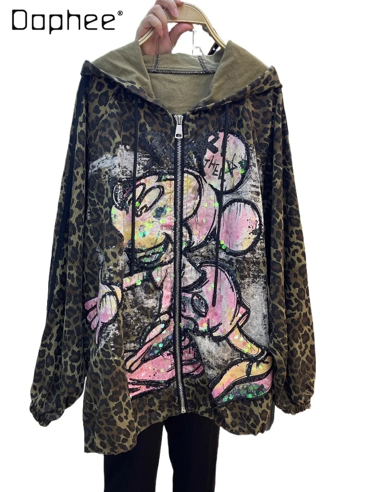 

2025 Autumn New Korean Version Loose Casual Versatile Leopard Print Sequins Hooded Jacket Women's Cartoon Jacket Top Tide