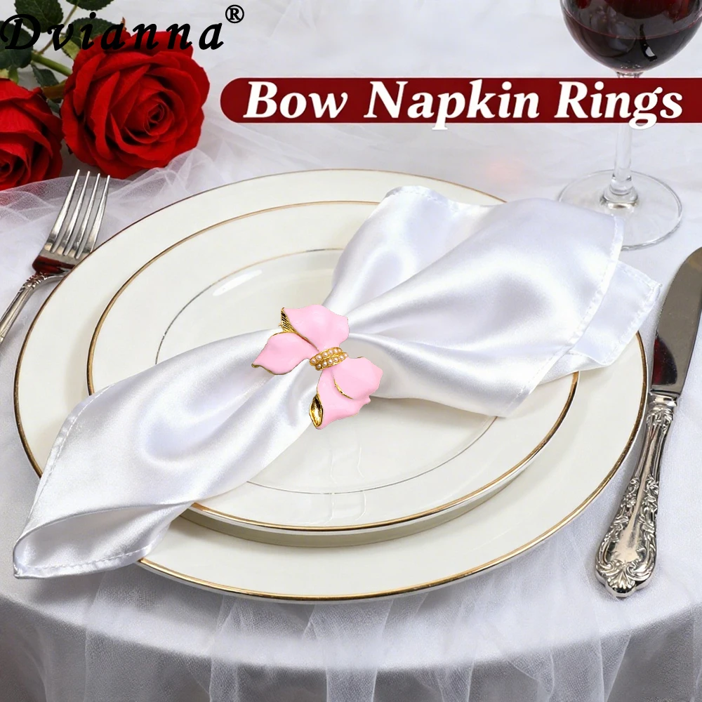 6Pcs Christmas Bow Napkin Rings, Elegant Metal Napkin Holder Set in 5 Colors - White Red Black Green Pink for Dining Table Decor