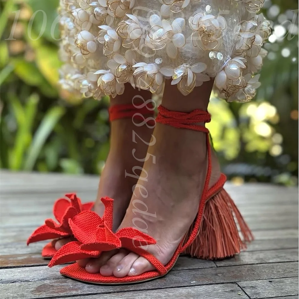Women's Orange/Natural Raffia Platform Slippers Tassel Fringe Block Heel, Flower Strap Detail, Slip-On Suede Summer Sexy Sandals