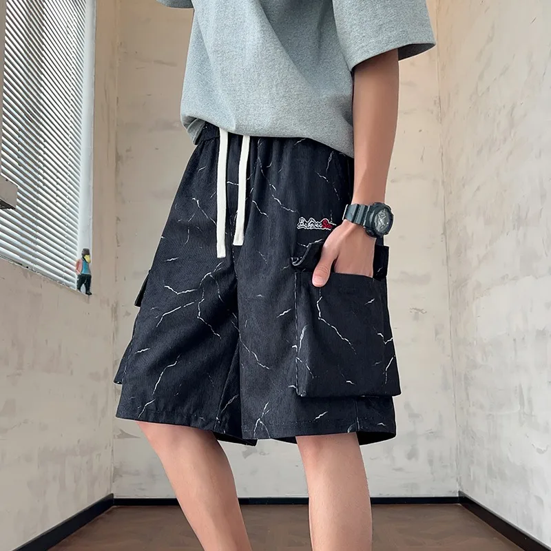 

Korean Men's Summer Multi-Pocket Cargo Shorts High Street Loose Fit Corduroy Short Pants Print Workwear Streetwear Shorts Man