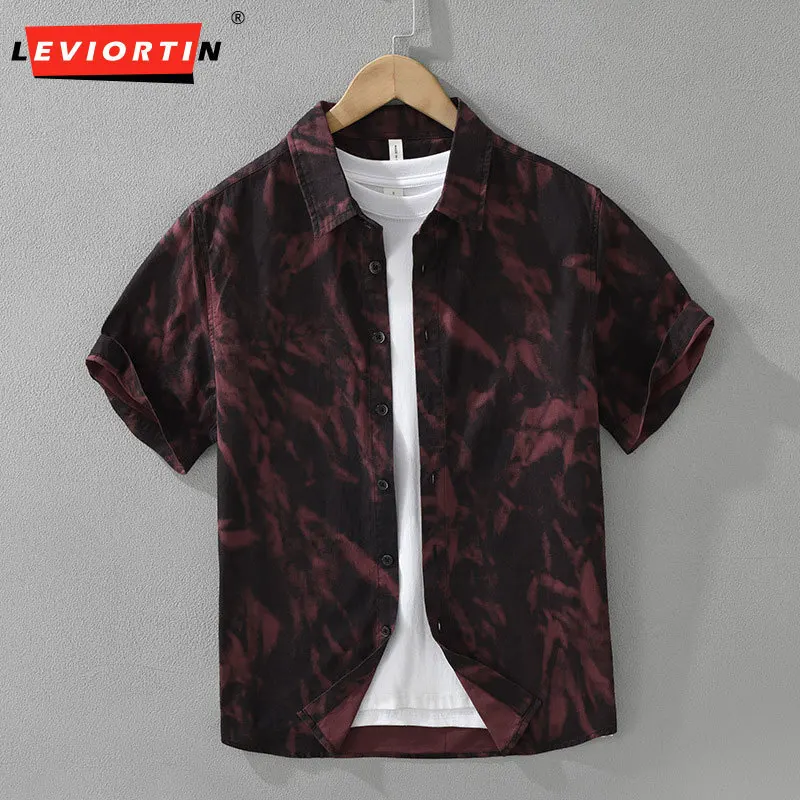 

Japanese retro trendy printed short sleeved shirt for men, fashionable and versatile, simple and artistic casual loose top