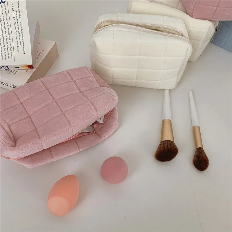 Solid Plush Cosmetic Bag Women's Portable Travel Pillow Stationery Pencil Pouch Plaid Large Capacity Zipper Makeup Storage Bag