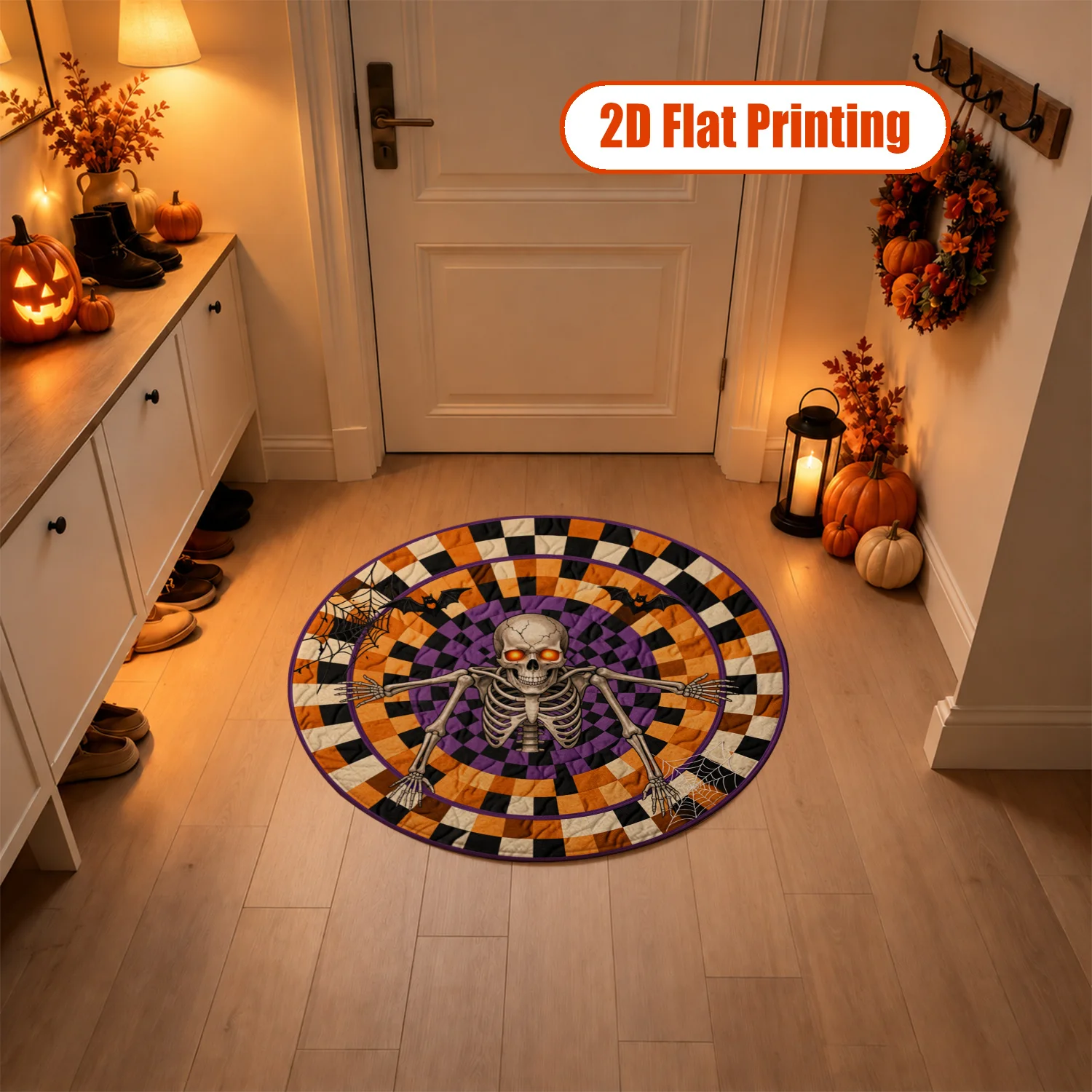 Halloween Skeleton Bat Spider Web Checkered Round Velvet Area Rug, Machine Washable Soft Plush Floor Rug for Living Room, Bedroom, Entryway, Dining Room, Perfect for Halloween, Thanksgiving, Christmas, New Year, Black Friday Home Decor