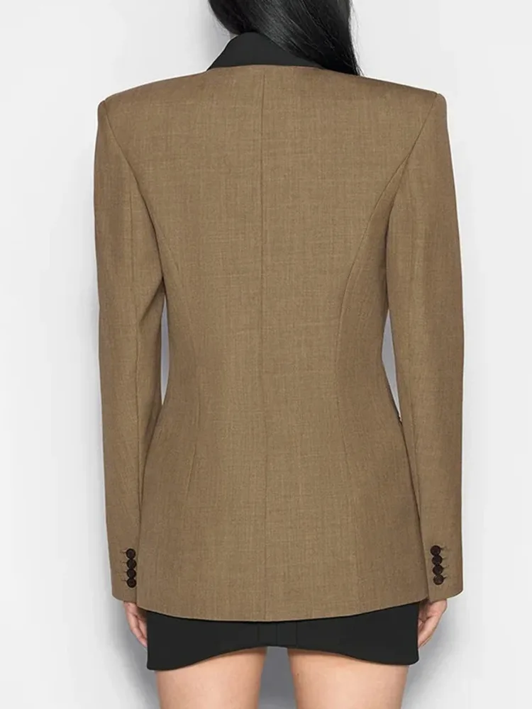 ZMEENNA Dames Kaki Blazer Met Zwarte Revers Moderne Oversized Fit Lange Mouw Jasje Haak Sluiting Mode ZM888