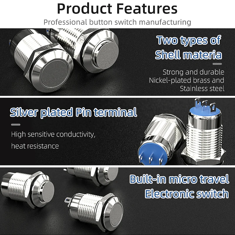 Interruptor de botón de 10mm, interruptores redondos momentáneos/enganches de acero inoxidable SPDT, interruptor de Metal resistente al agua de 3 pines para electrónica de Metal