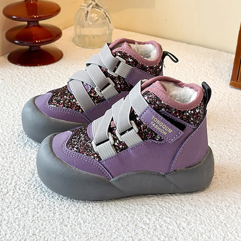 PU Leather Winter Boots For Children Trend Fashion Teenager Girl's Plush Boots Glitter Sequins Snow Boots For Girls Cotton Shoes