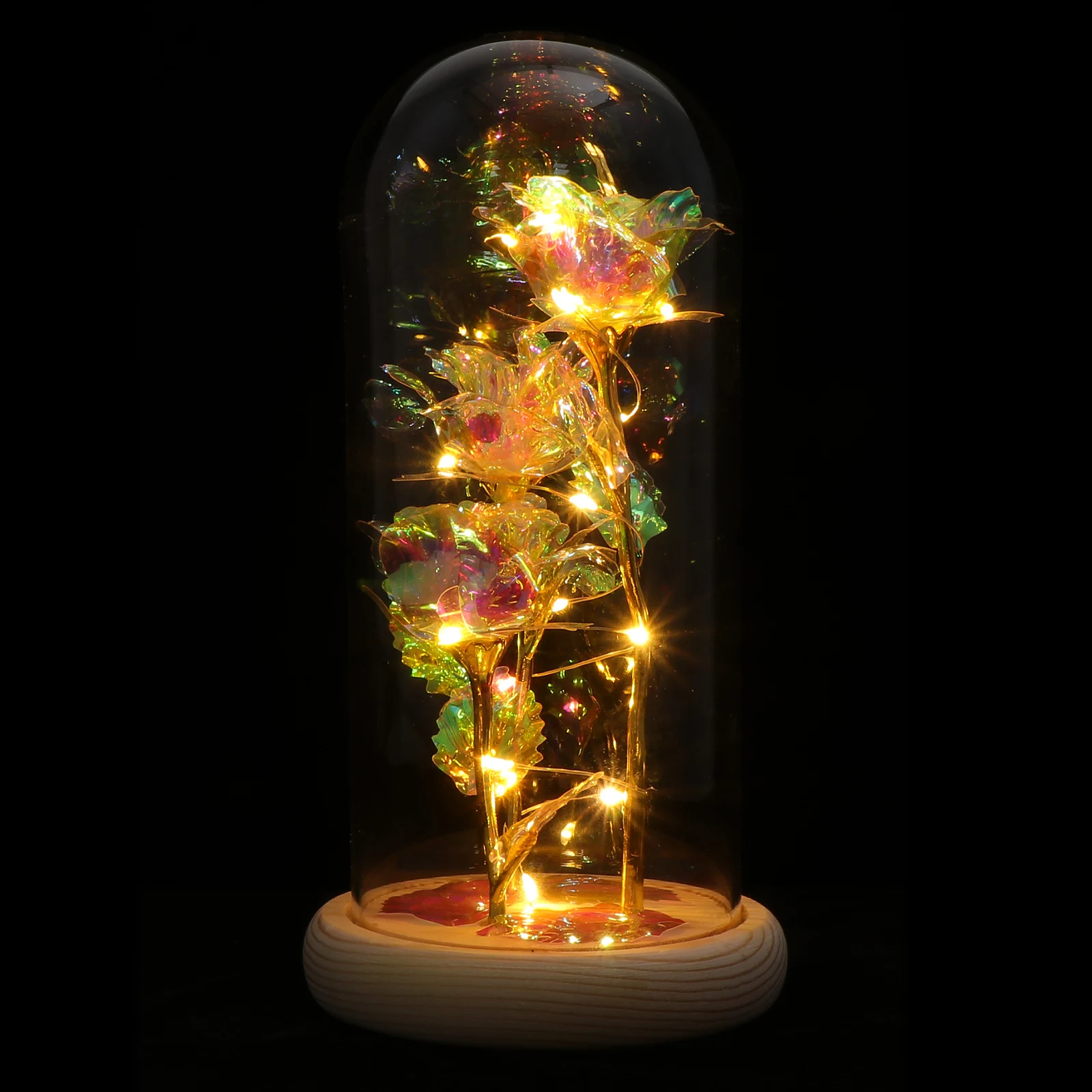 

Rose Glass Dome nament High Grade Material Non Fading Home Desktop Decor Fake Flower Cover Creative Wood Luminous Gift