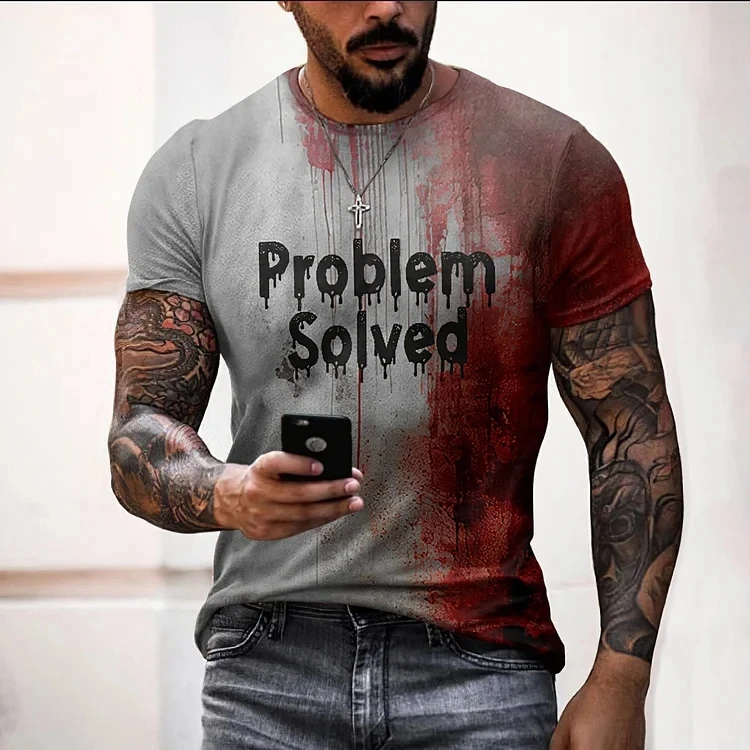 Men\'s Problem Solved Bloody Graphic Halloween T-Shirt Short Sleeve Crew Neck Large Size Tshirts For Men Horrible Tee Shirt Tops