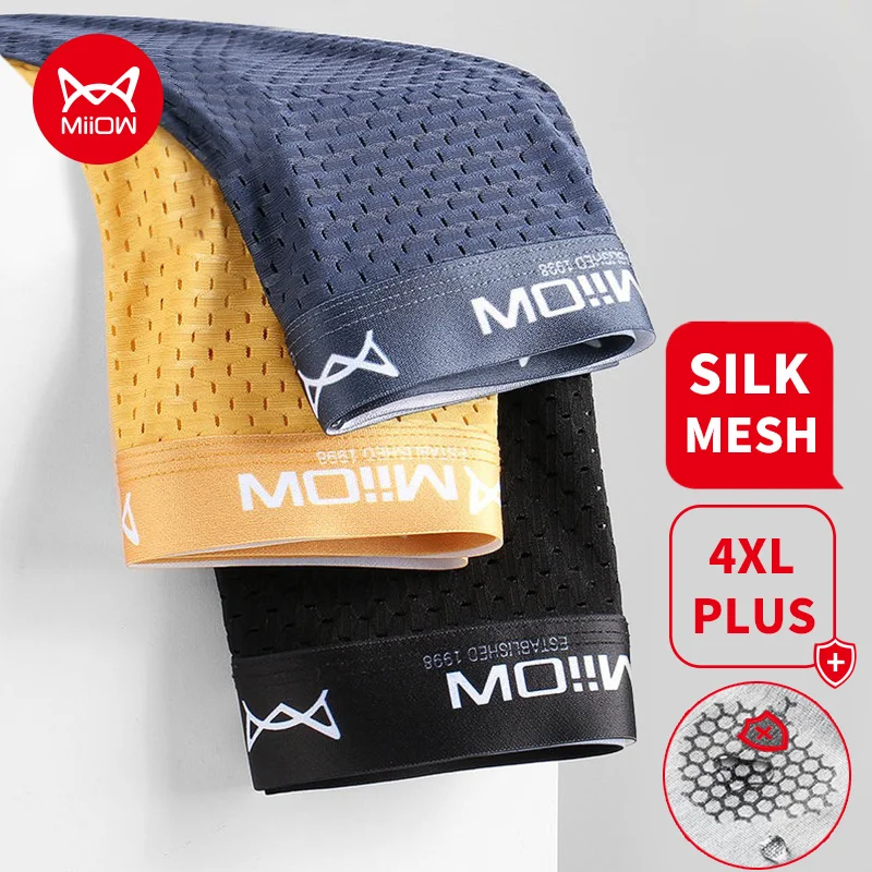 MiiOW 3 Stücke Sexy Mesh Männer Boxer Unterwäsche Graphene Antibakterielle Männliche Höschen Eis Seide Unterhose Atmungsaktiv 4XL Boxershort 2022