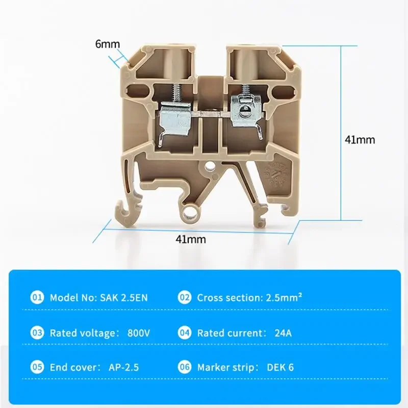 100pcs Din Rail Terminal Blocks SAK-2.5EN Connectors Screw Connection Conductors SAK2.5EN Wire Conductor 10pcs