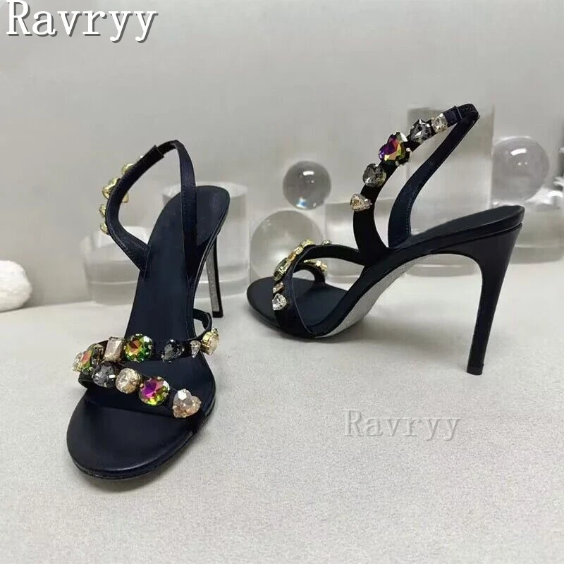 

New Colorful Gemstone Stiletto Heel Sandals Women Crystal Bling Open Round Toe Shoes Female Sweet Elegant Party Sandals