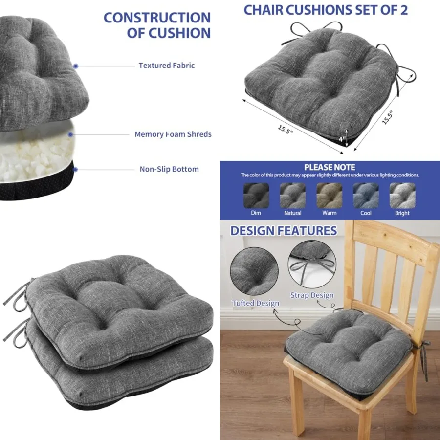 

Chair Cushions for Dining Chairs Set of, Kitchen Chair Cushions, with Ties and Non Slip Backing, Tufted Memory Foam Seat Cushio