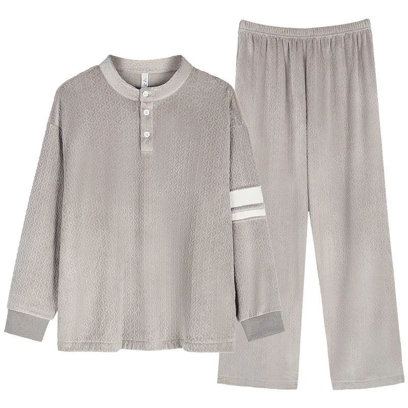 Autumn Winter Men Island Fleece Pajama Set O-Neck Pullover Pajamas Sleepwear Keep Warm Flannel Pyjamas Male Home Clothing L-XXXL