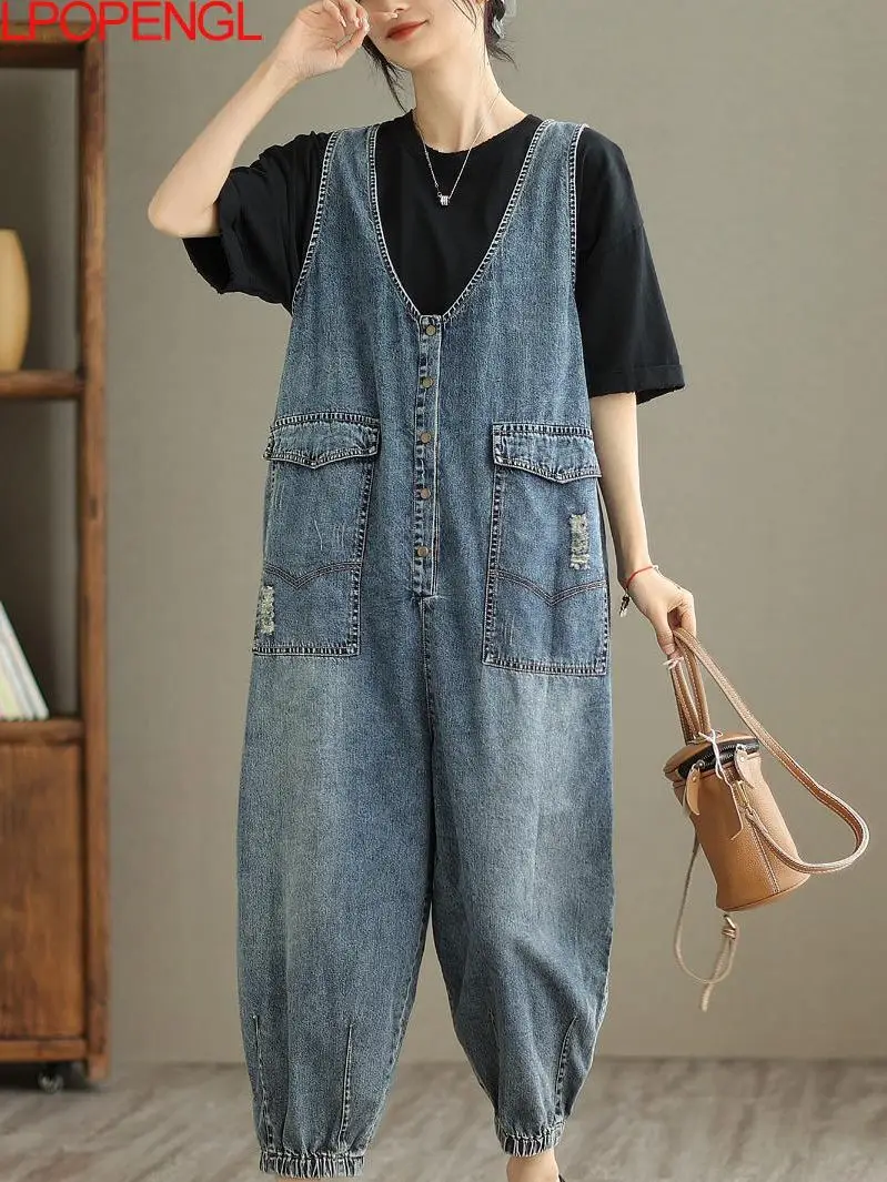 New Woman Summer Loose Versatile Streetwear Overalls Casual High Waist Korean Denim Ankle-length Pants Single-breasted Jumpsuit