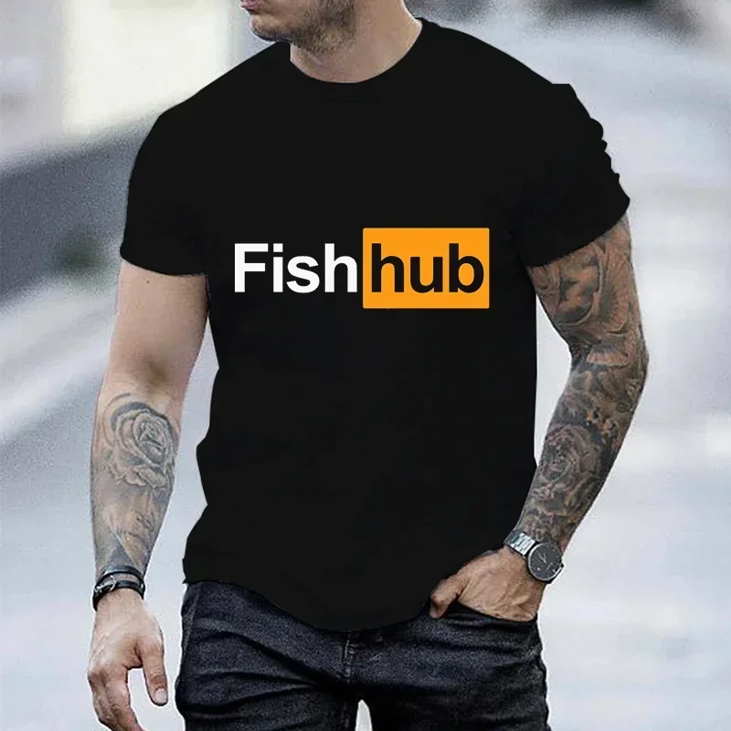 Fish Hub Print Mens T-shirts Casual Top Summer Short Sleeves Tee Shirts BLACK Tshirt Tees Plus Size Men's Brand Tshirts Camiseta