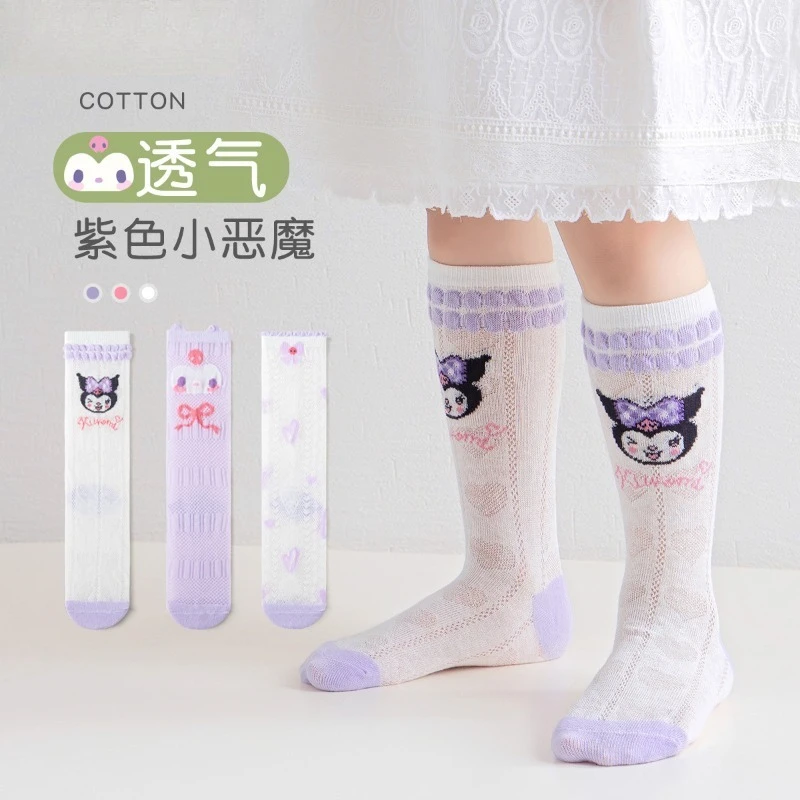 

3Pairs Summer Girls Mesh Socks Anime Sanrio Kuromi Bow Thin Comfortable Breathable Mid-Length Socks Kawaii Korean Lolita Gift