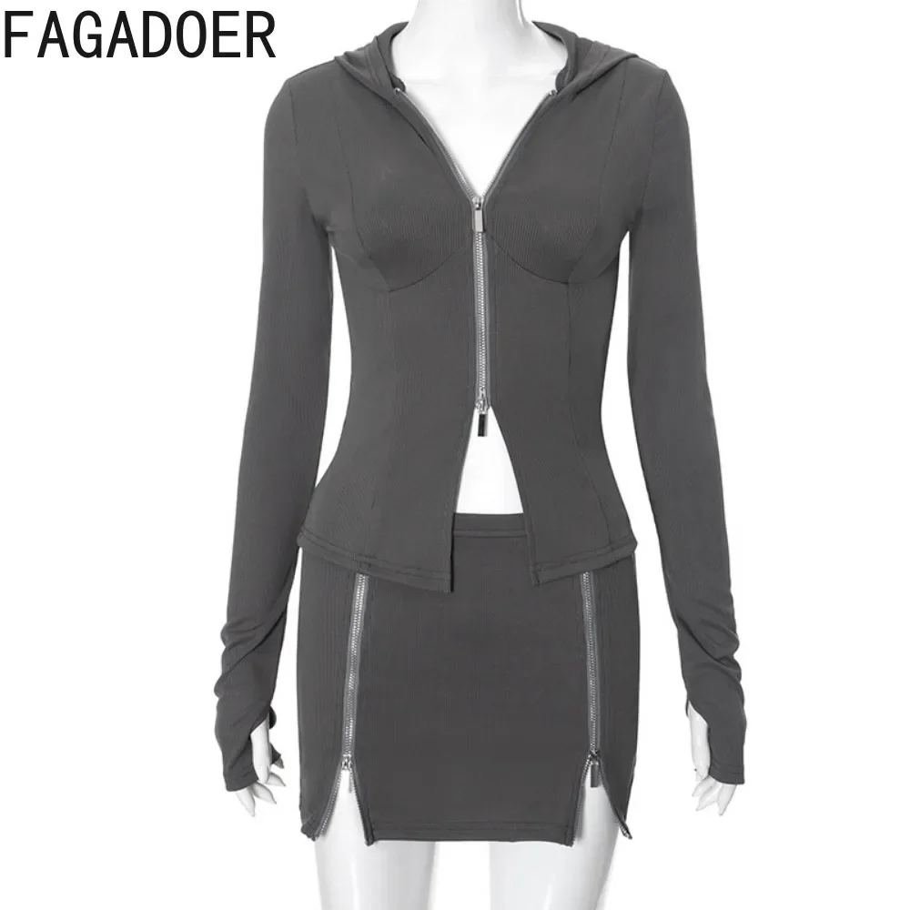 FAGADOER-Conjunto de dos piezas con capucha para mujer, Top ajustado de manga larga con cremallera y minifalda, ropa de calle femenina