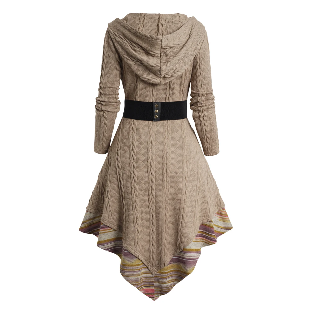 Striped Panel Knit Hooded Dress Twist Jacquard Pointed Hem Long Sleeve Midi Knitted Dress